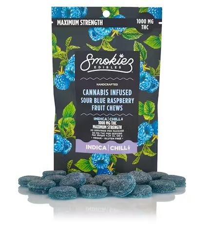 Sour Blue Raspberry Indica - Maximum Strength - 1000mg THC Fruit Chews